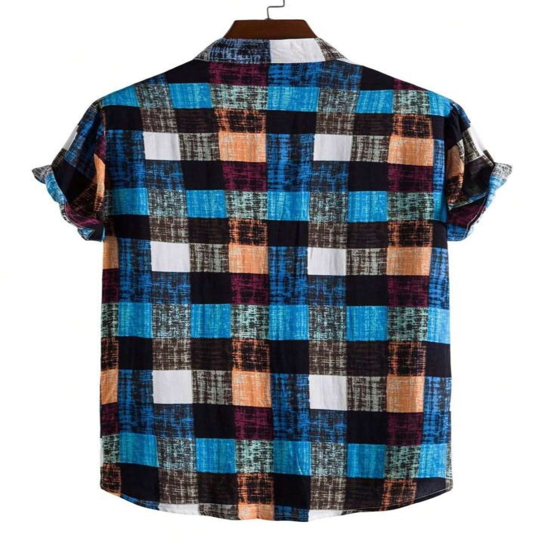 Men Stand Collar Casual Check Short Sleeve Shirt - Back Profile