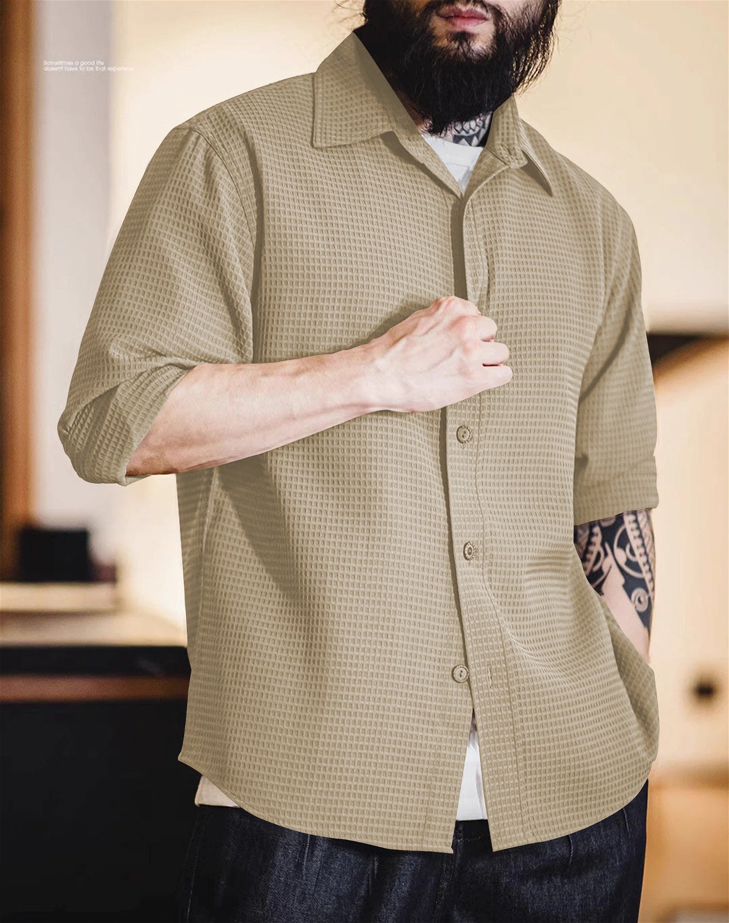 Beige Long Sleeve Waffle Shirt - Shopping-search