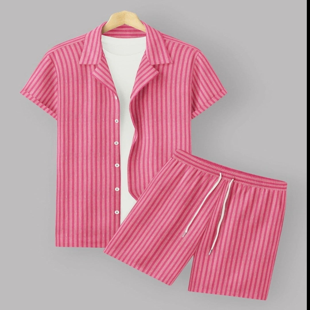 Pink Color Men's Cotton Shirt And Shorts Set Short Sleeve - Shopping-search