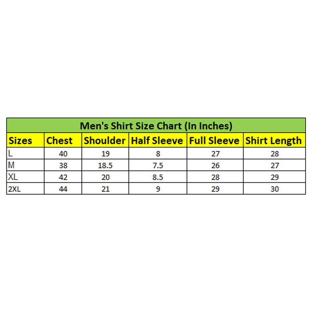 Men's shirt size chart in inches on a white background