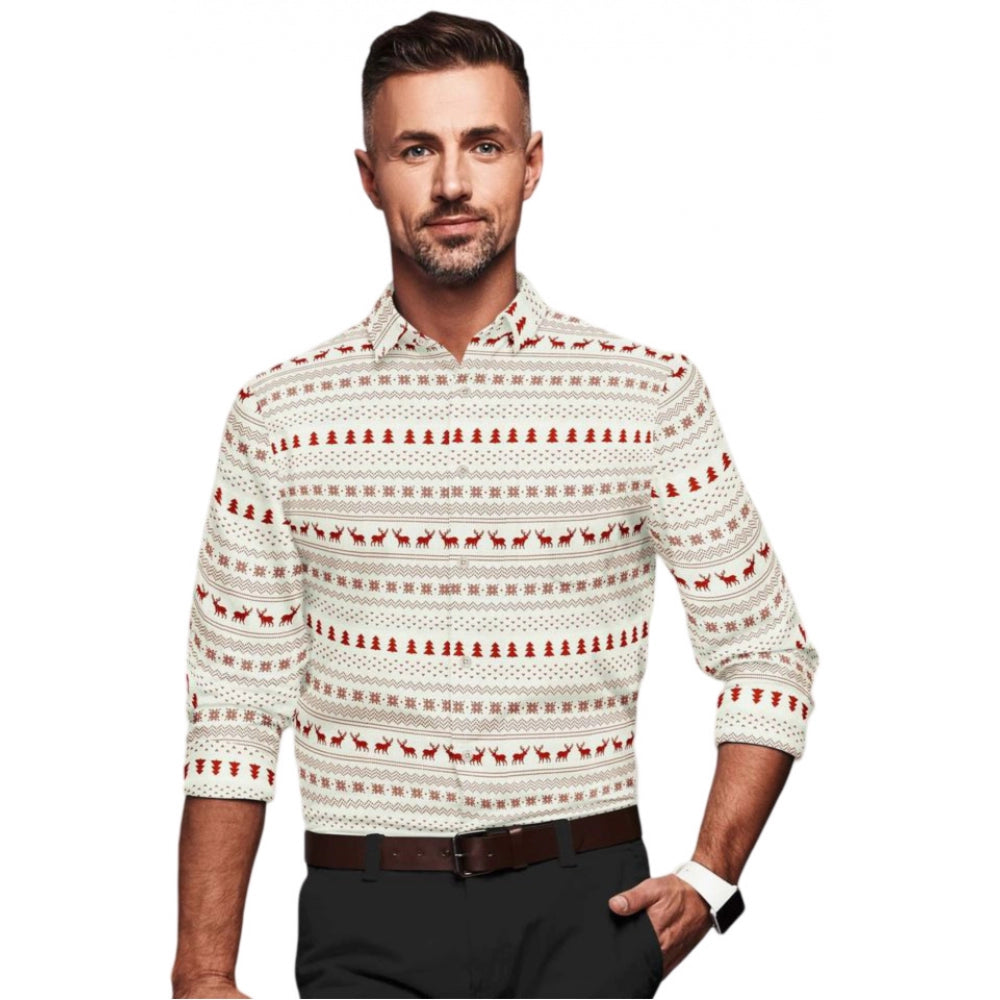 Men's Cotton Blended Printed Full Sleeve 2 White& Red Shirt Combo