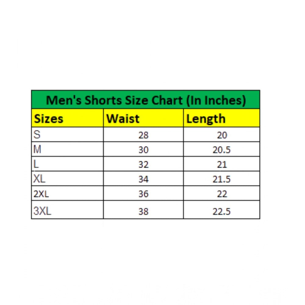 Men's shorts size chart in inches with green and yellow borders