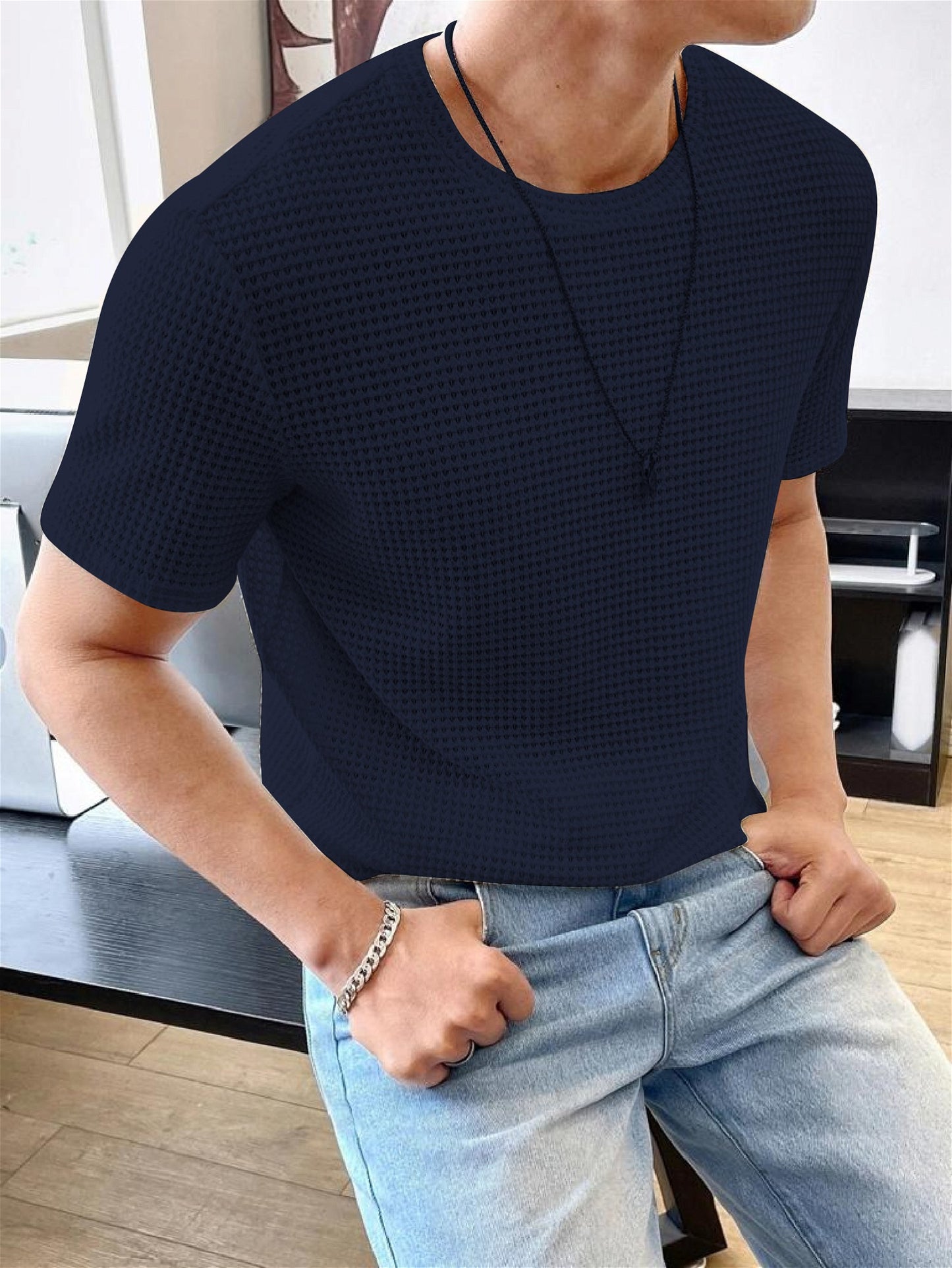 Waffle Navy Blue Hlaf sleeve Men T-Shirt - Shopping-search