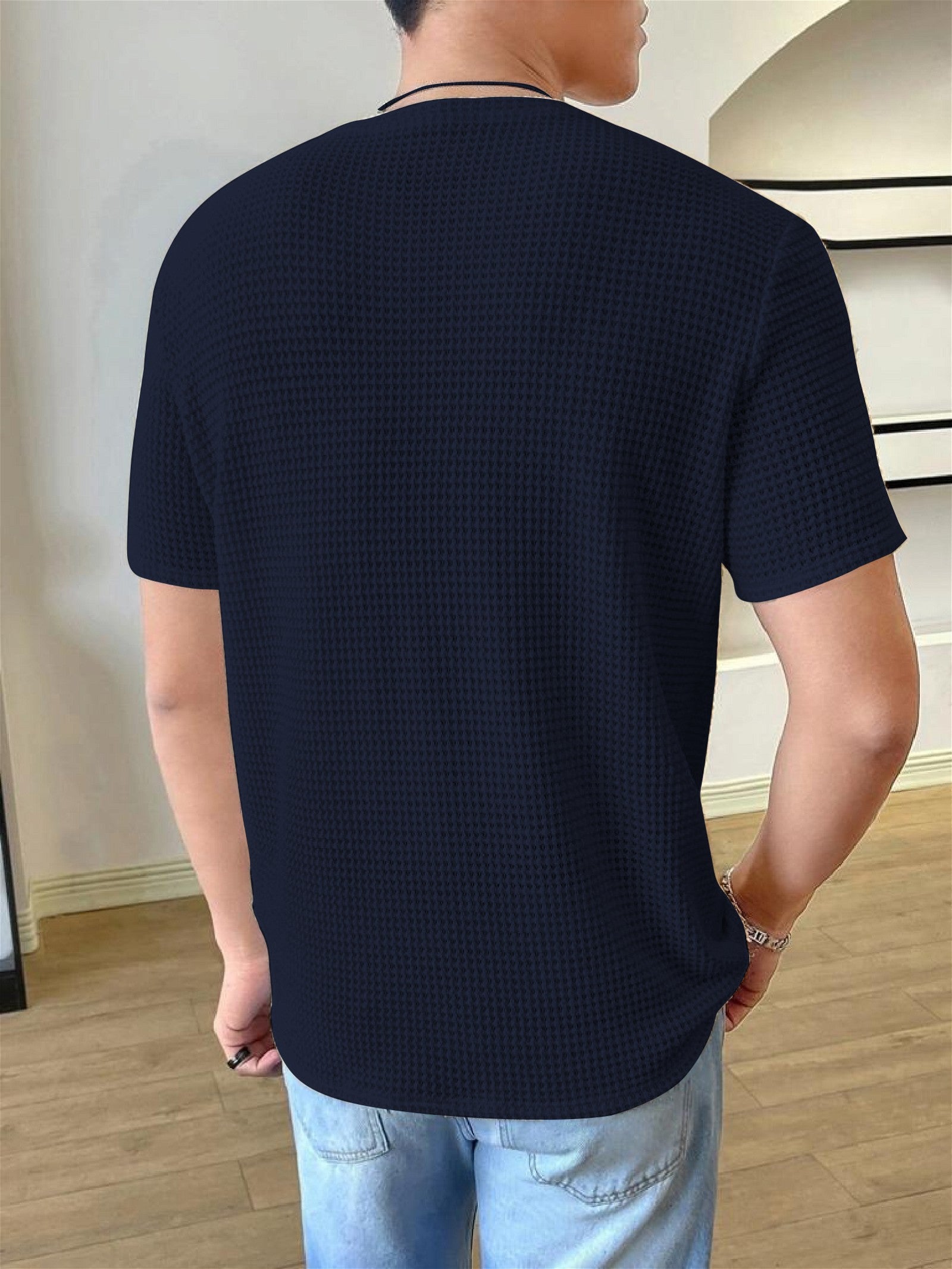 Waffle Navy Blue Hlaf sleeve Men T-Shirt - Shopping-search