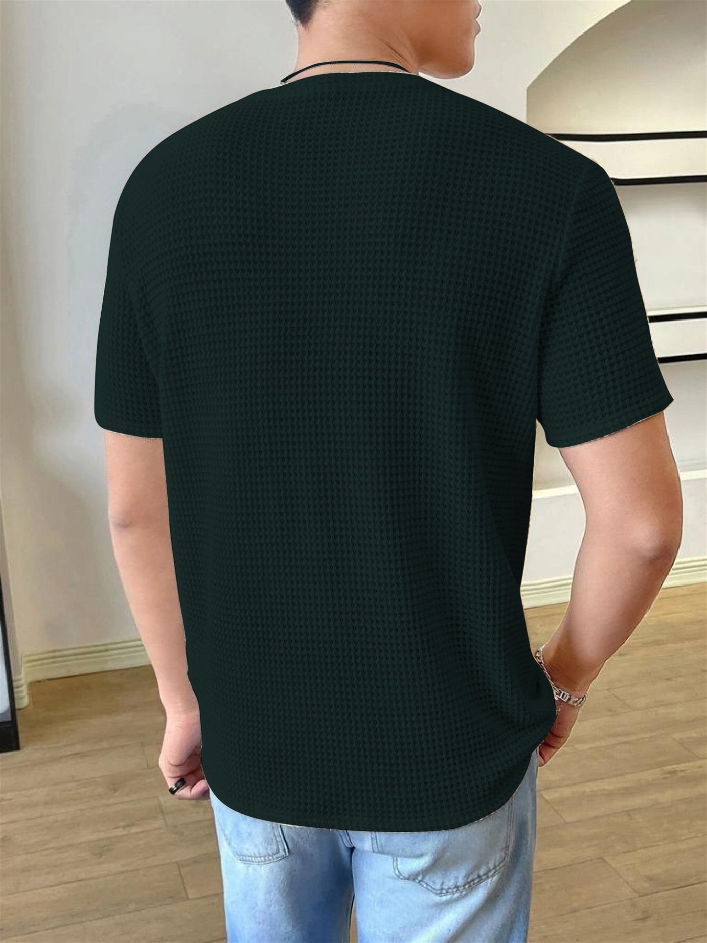 Men Solid Round Neck Waffle Dark Green T-Shirt - Shopping-search