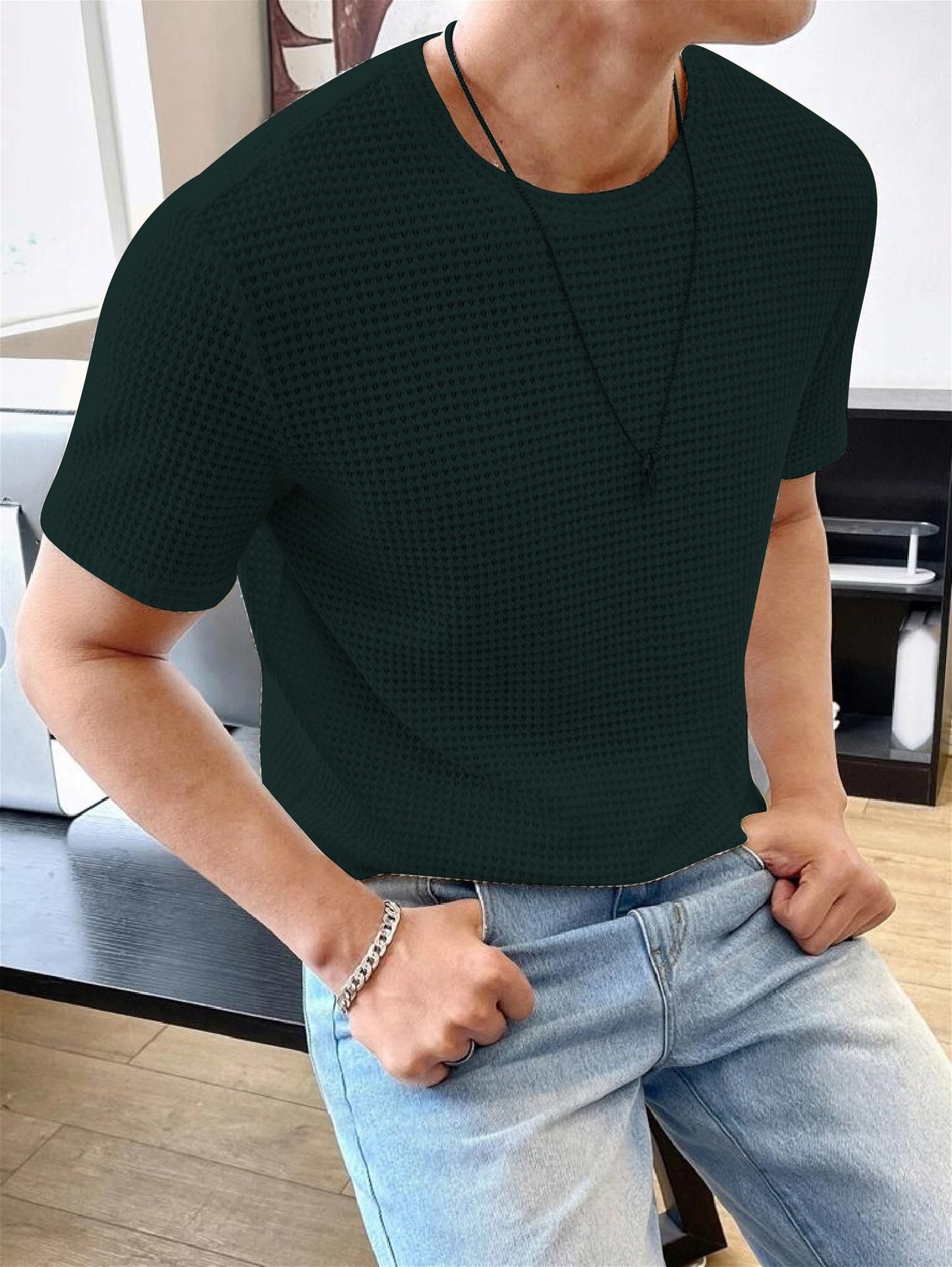 Men Solid Round Neck Waffle Dark Green T-Shirt - Shopping-search