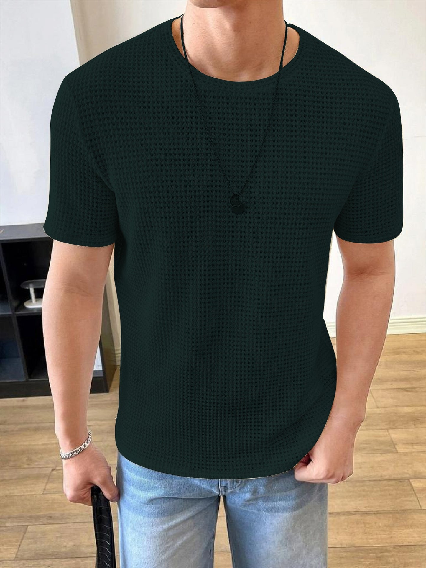 Men Solid Round Neck Waffle Dark Green T-Shirt - Shopping-search