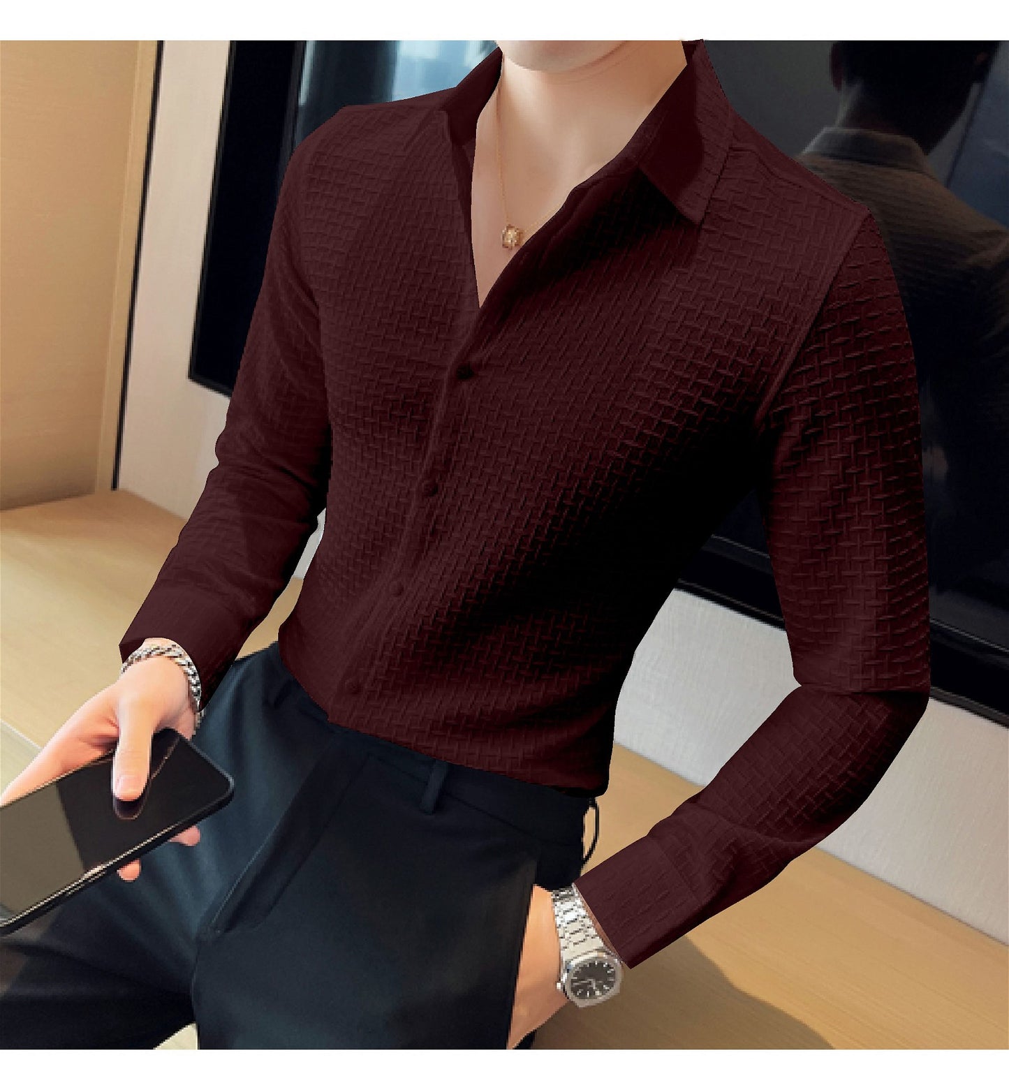 Maroon  Checks Structured Premium Shirt