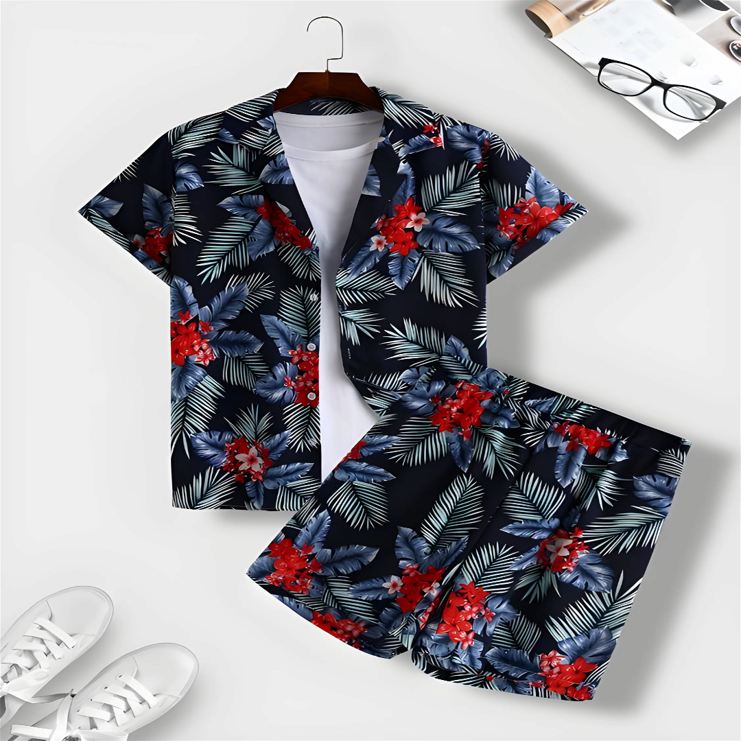 Floral Print Men's Shirt And Shorts Set Short Sleeve - Shopping-search