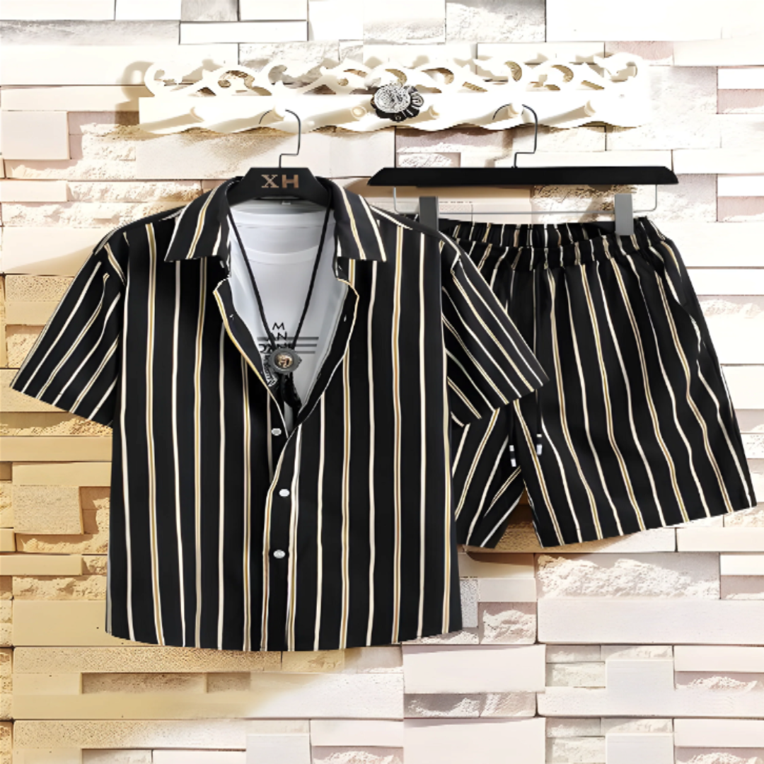 Black Printed Men's Shirt And Shorts Set Short Sleeve - Shopping-search
