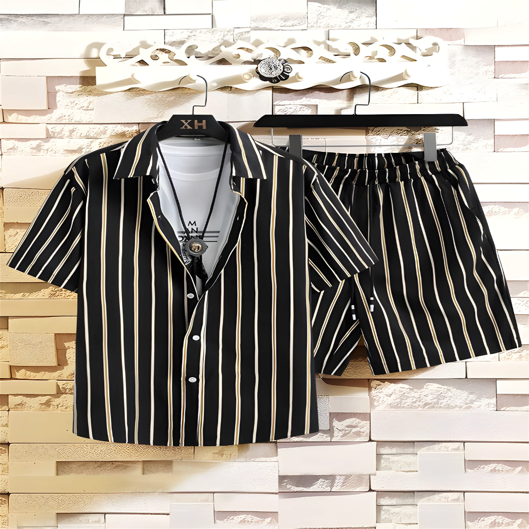 Black Printed Men's Shirt And Shorts Set Short Sleeve - Shopping-search