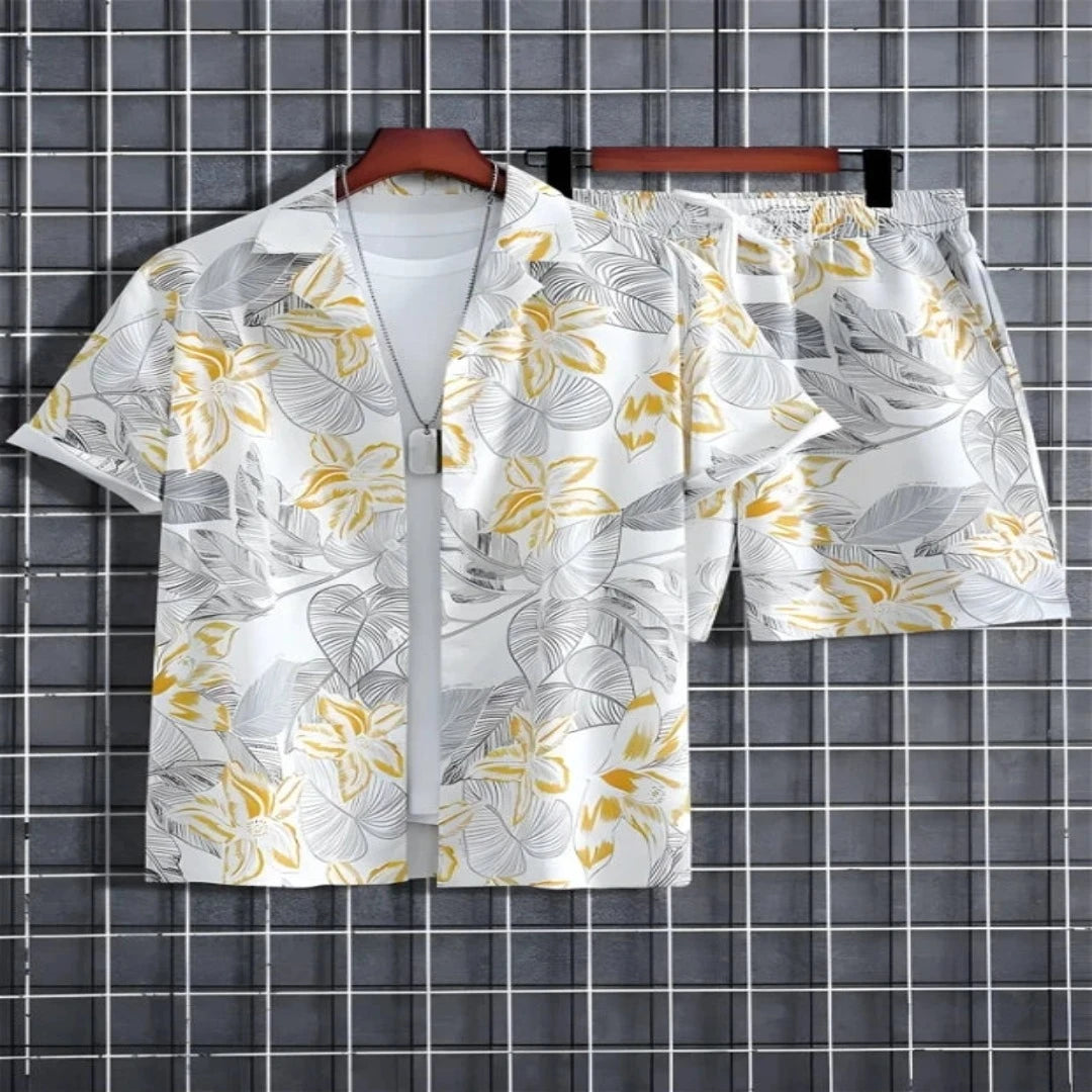 Floral Print Men's Shirt And Shorts Set Short Sleeve - Shopping-search