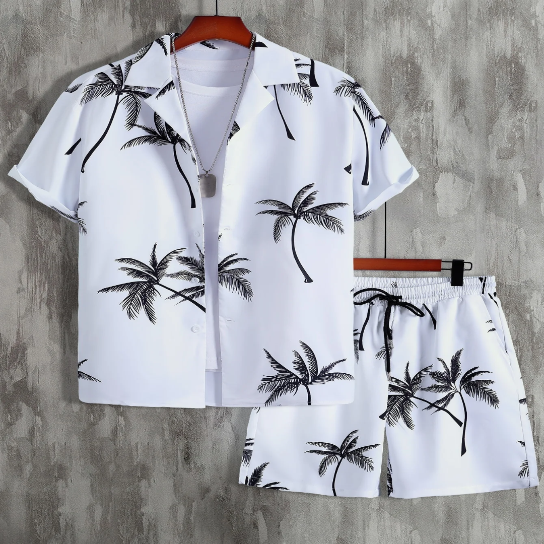 Palm Tree Print Men's Shirt And Shorts Set Short Sleeve - Shopping-search