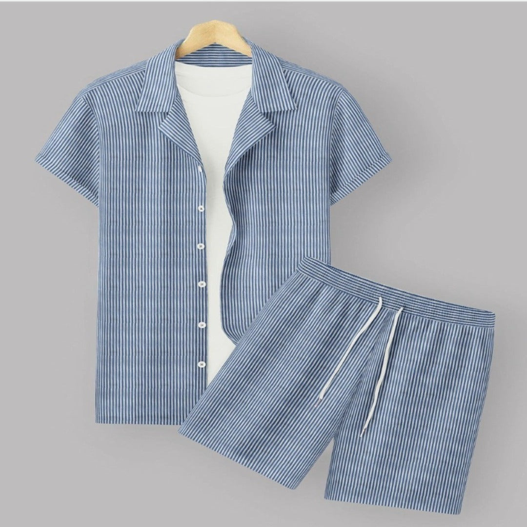 Sky Blue Color Men's Cotton Shirt And Shorts Set Short Sleeve - Shopping-search