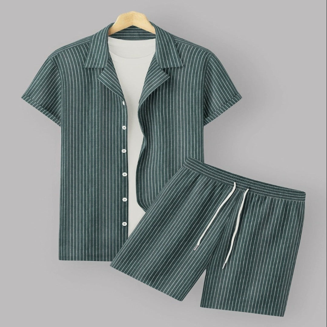 Green Color Men's Cotton Shirt And Shorts Set Short Sleeve - Shopping-search