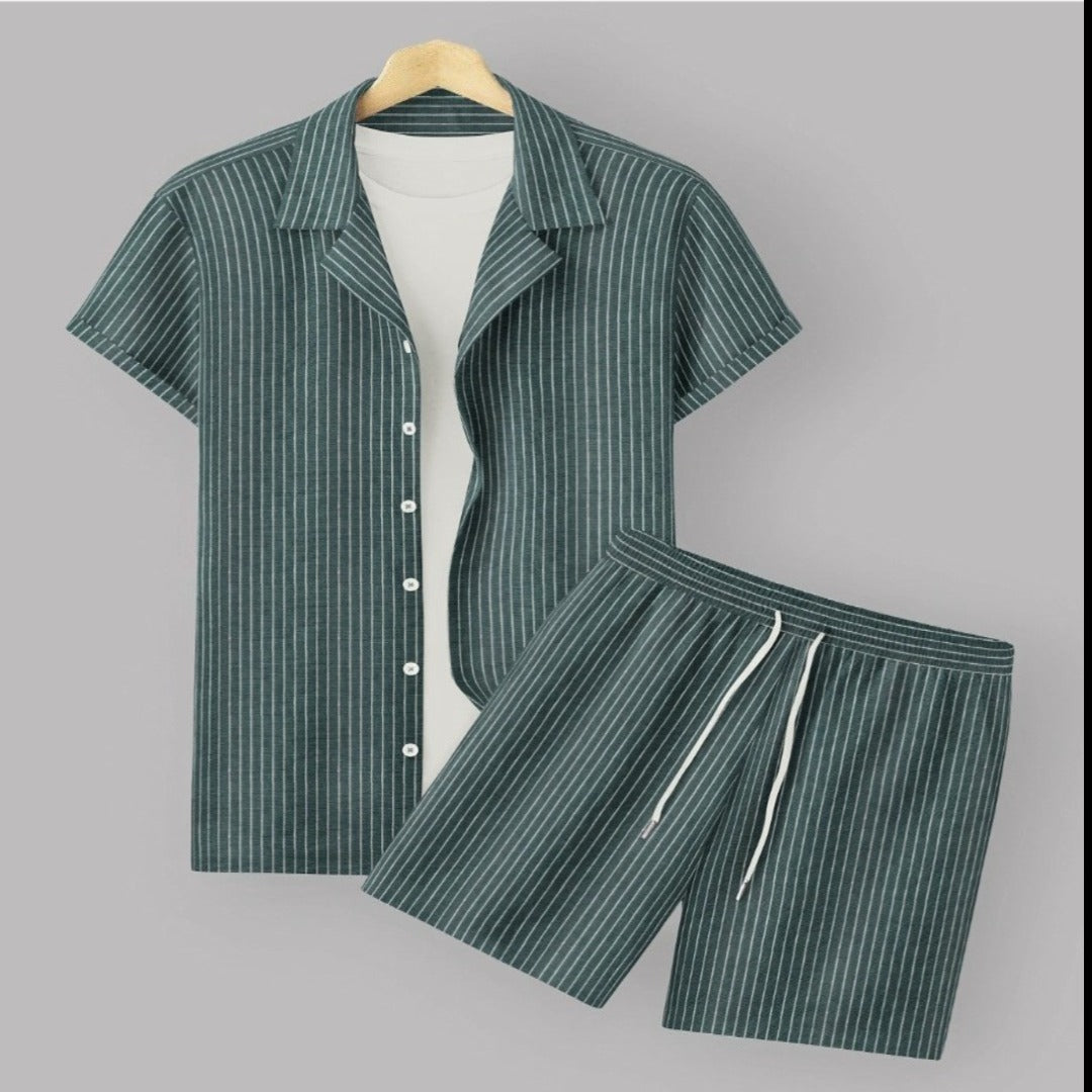 Green Color Men's Cotton Shirt And Shorts Set Short Sleeve - Shopping-search