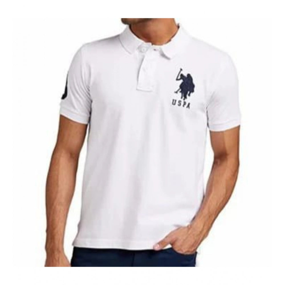 White polo shirt with a logo on a white background