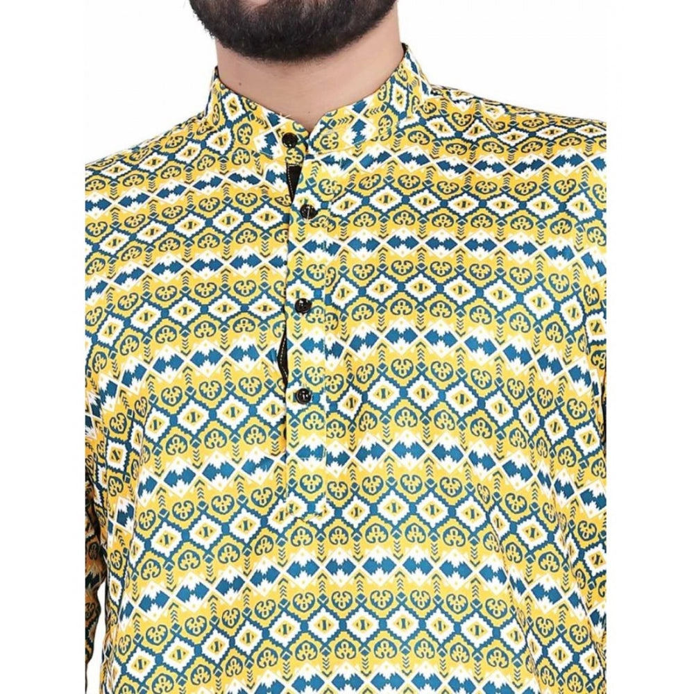Men's Cotton Blended Printed Full Sleeve Yellow-Blue Shortkurta