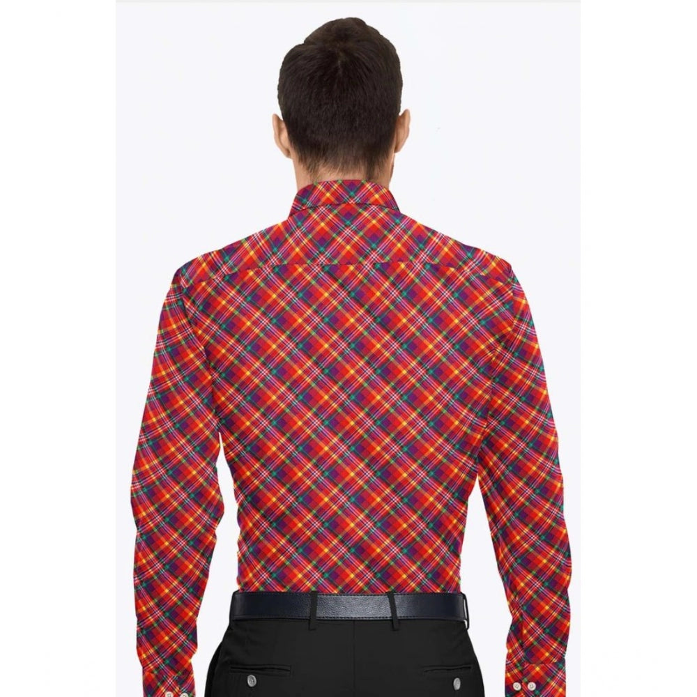 Person wearing a red and blue plaid shirt on a white background