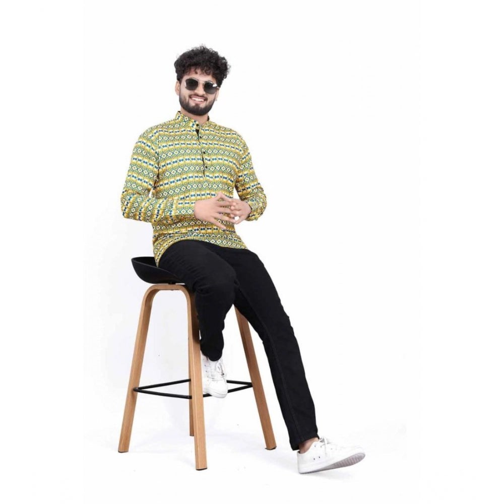 Men's Cotton Blended Printed Full Sleeve Yellow-Blue Shortkurta
