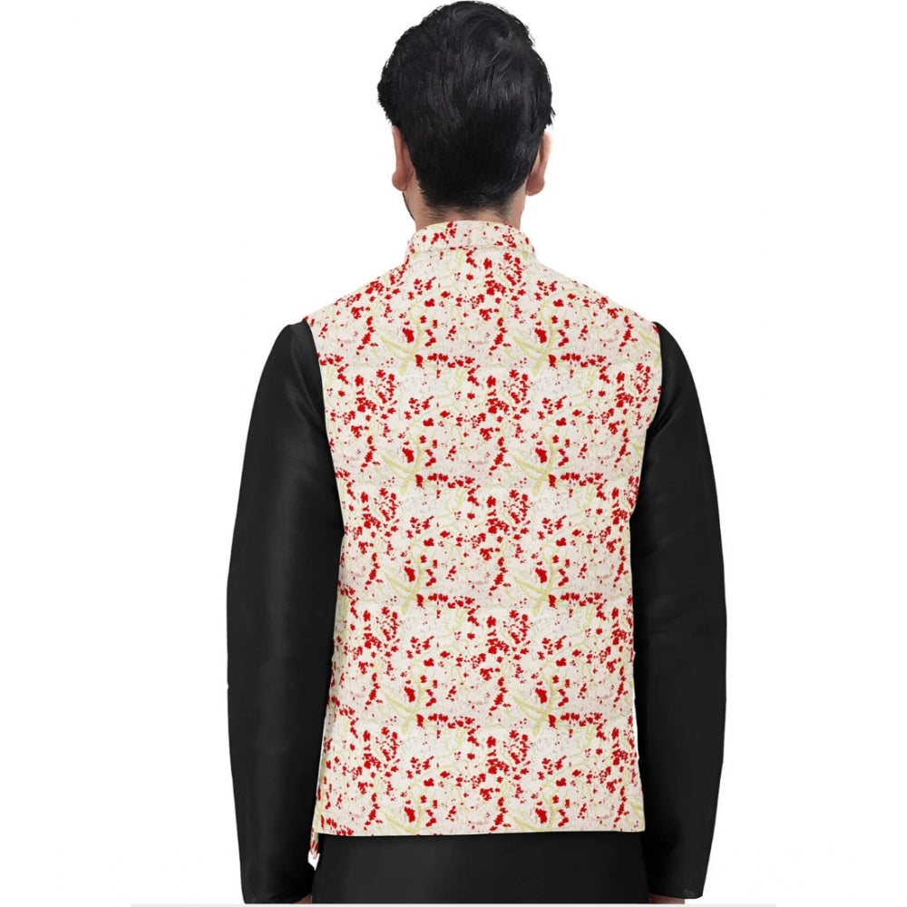Person wearing a black shirt with a red and white patterned vest on a white background