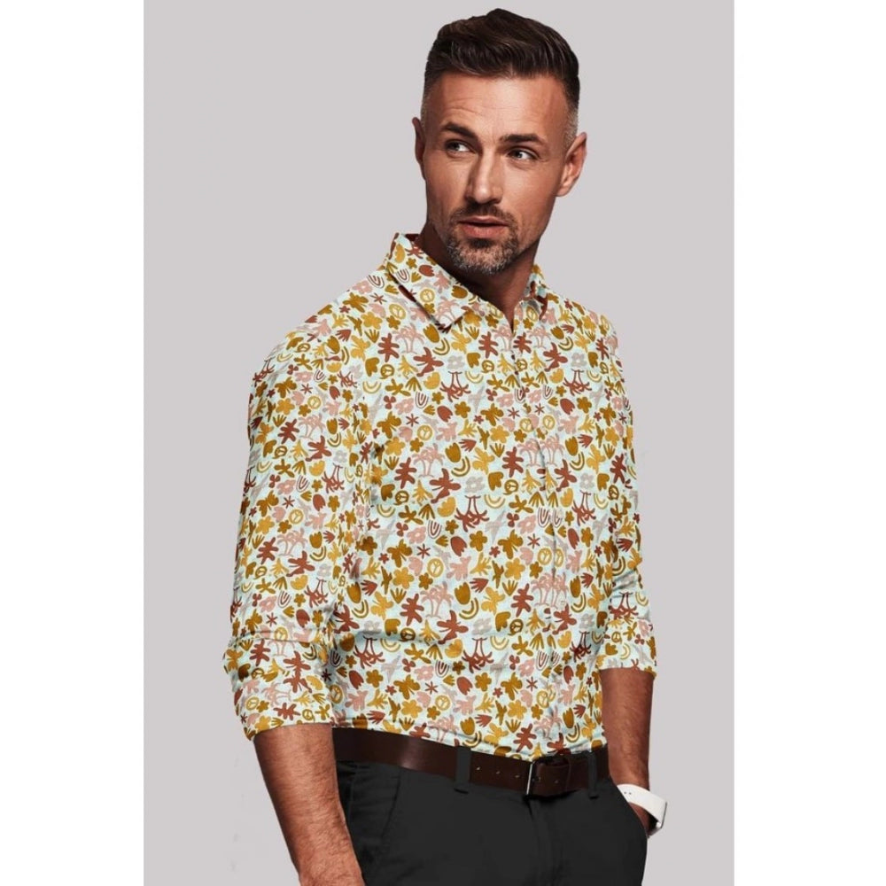 Man wearing a patterned shirt with a neutral background