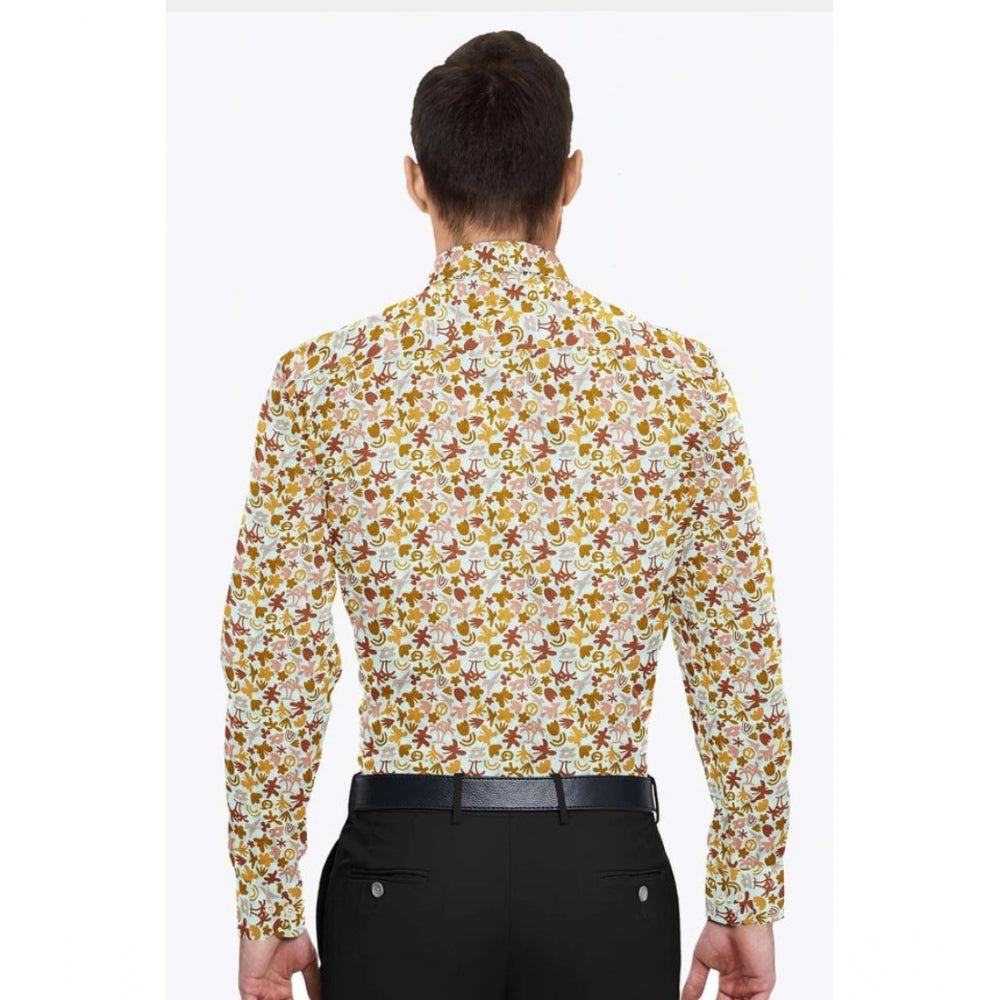 Man wearing a colorful floral shirt with a white background