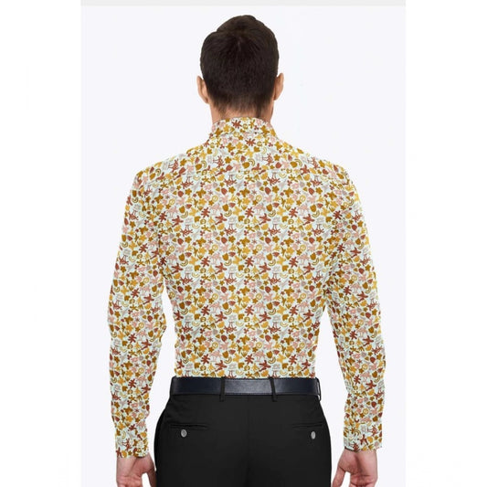 Man wearing a colorful floral shirt with a white background