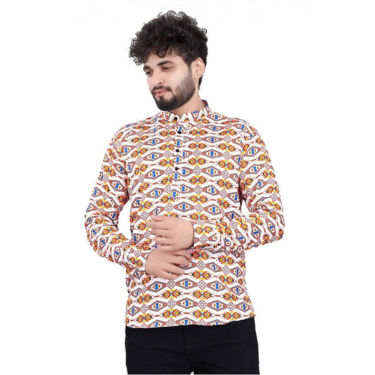 Man wearing a patterned shirt on a white background