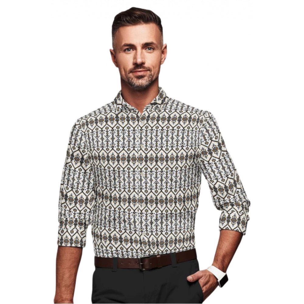 Man wearing a patterned shirt on a white background