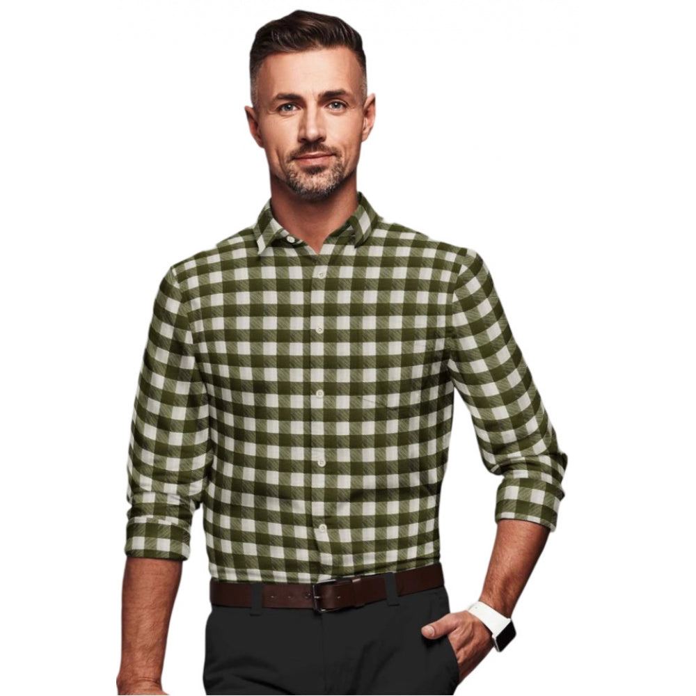 Men's Cotton Blended Checked Full Sleeve White-Green Shirt