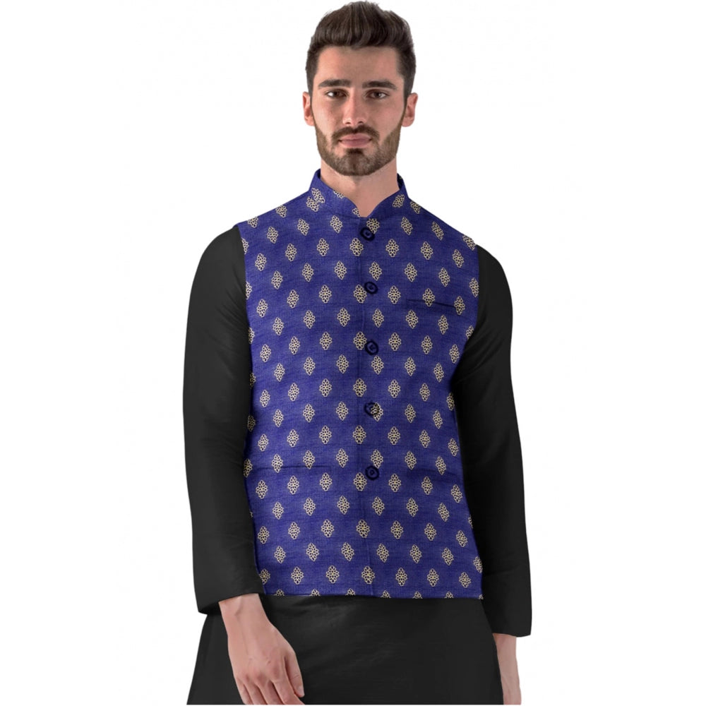 Men's Jacquard Printed Full Sleeve Blue Waistcoat