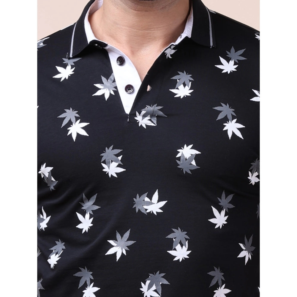 Black polo shirt with white floral pattern on a beige background