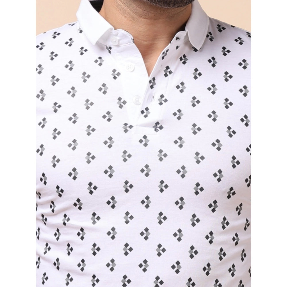 White shirt with black geometric pattern worn by a person