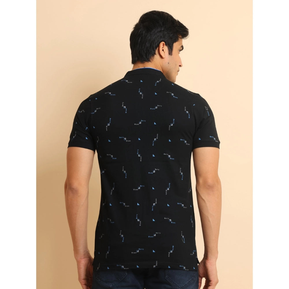 Men's Casual Cotton Printed Mandarin Collar Half Sleeve Navy T-Shirt