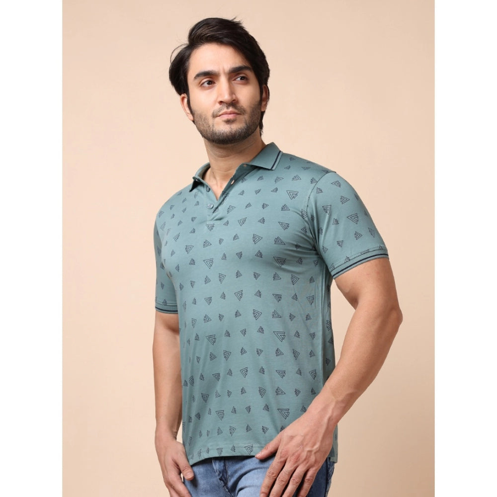 Men's Cotton Printed Polo Neck Half Sleeve Forest Green T-Shirt