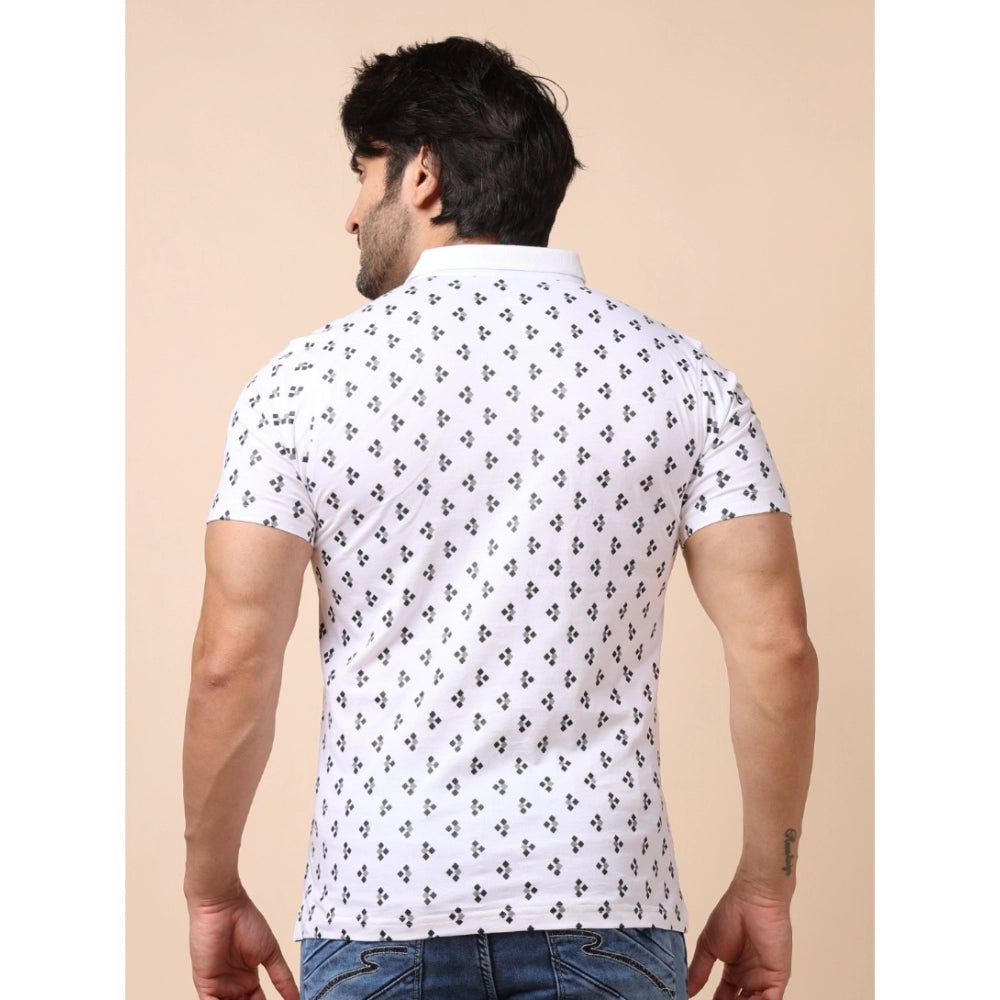 Men's Casual Cotton Printed Polo Neck Half Sleeve White T-Shirt