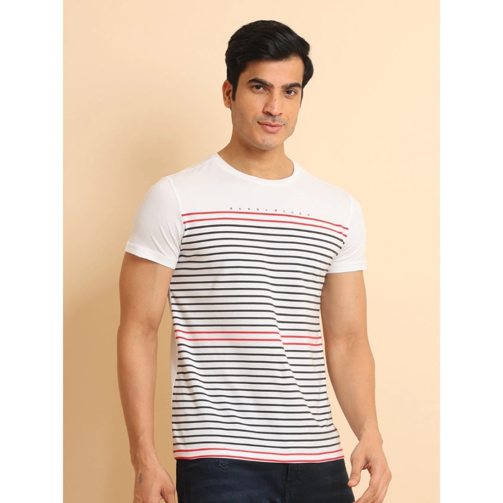 Men's Cotton White Printed Round Neck Half Sleeve T-Shirt