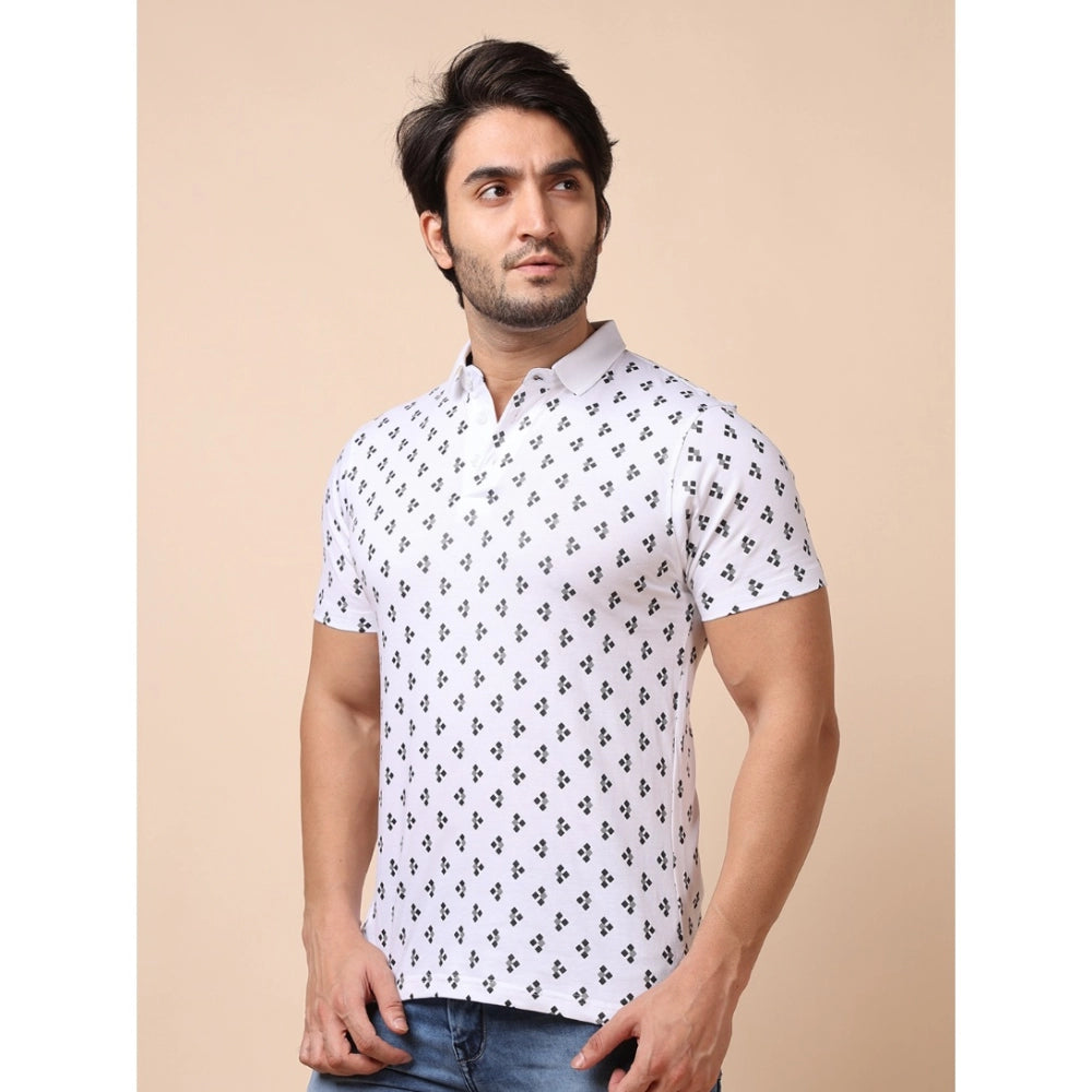 Men's Casual Cotton Printed Polo Neck Half Sleeve White T-Shirt