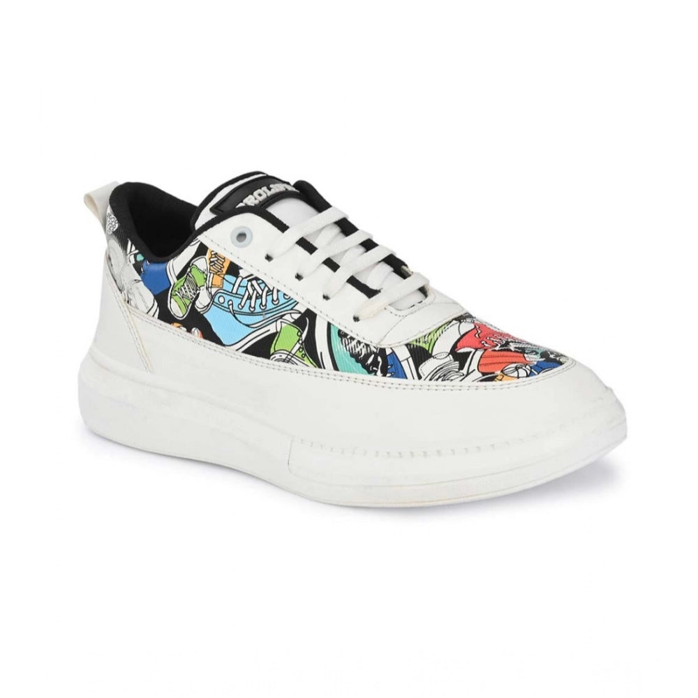 White sneaker with colorful pattern on a white background