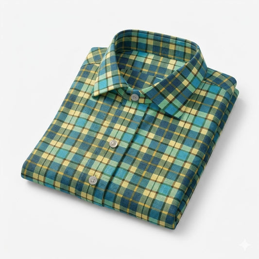 Folded green and yellow plaid shirt on a white background
