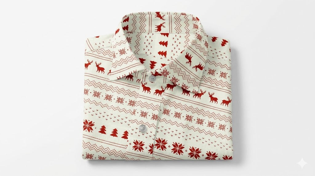 Folded shirt with red deer and snowflake pattern on a white background