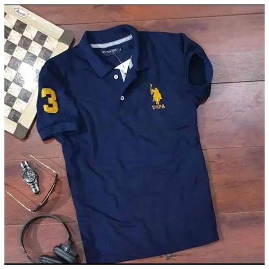 Navy blue polo shirt with yellow logo 