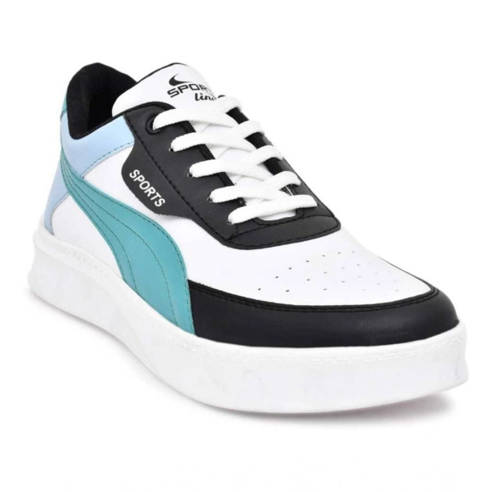 White sneaker with black, blue, and gray accents on a white background