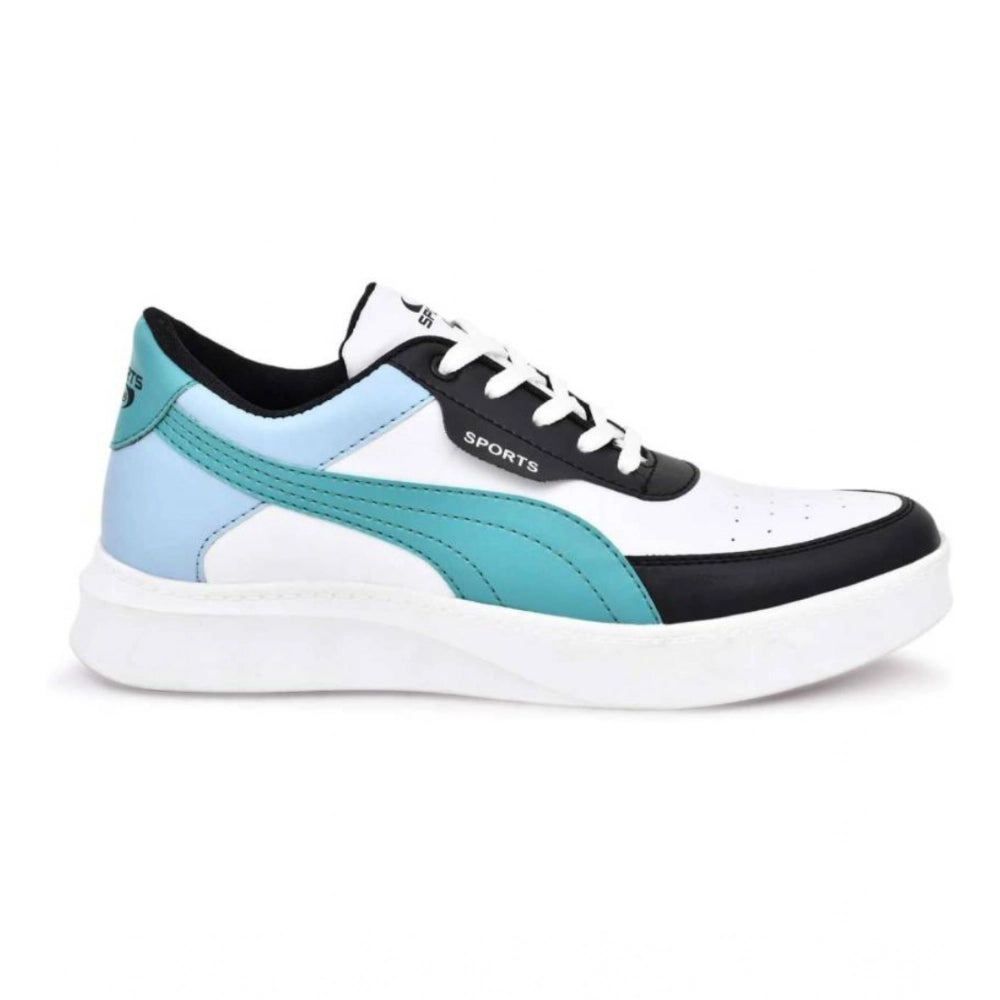 White sneaker with blue and black accents on a white background