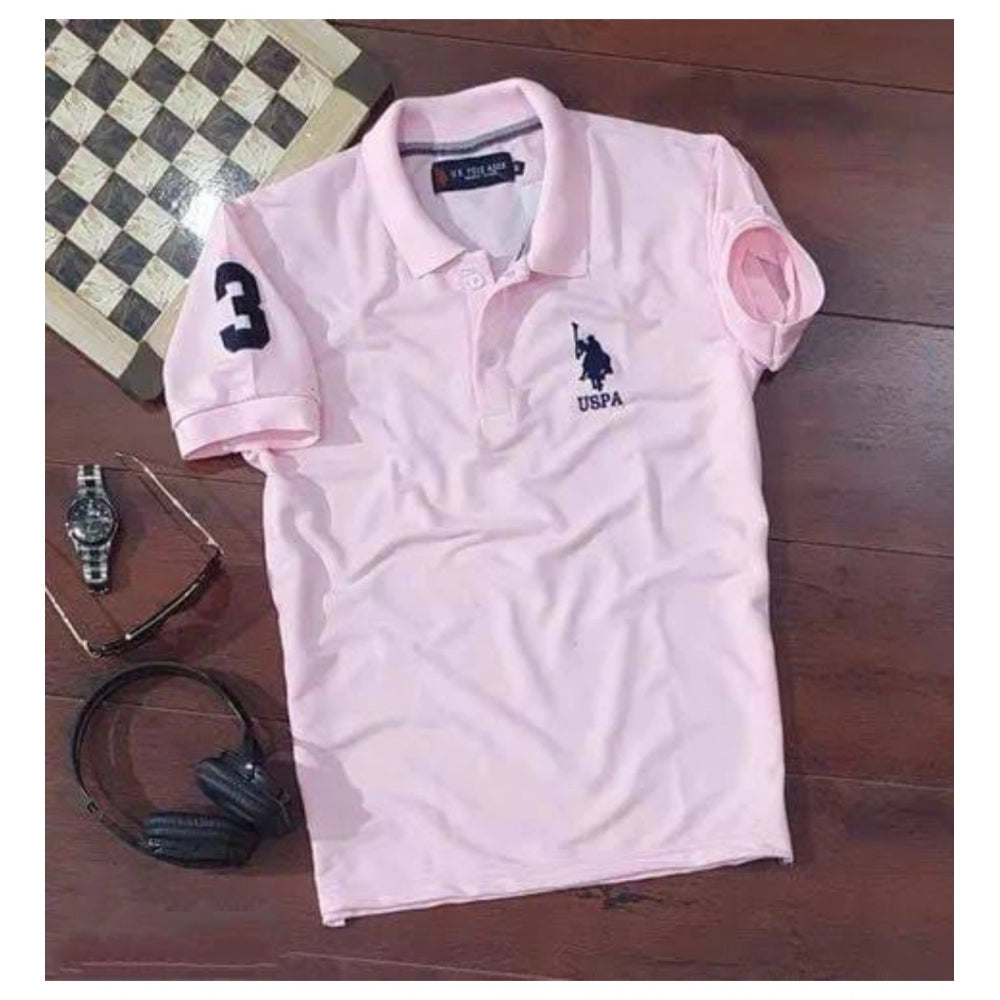 Pink polo shirt with a logo