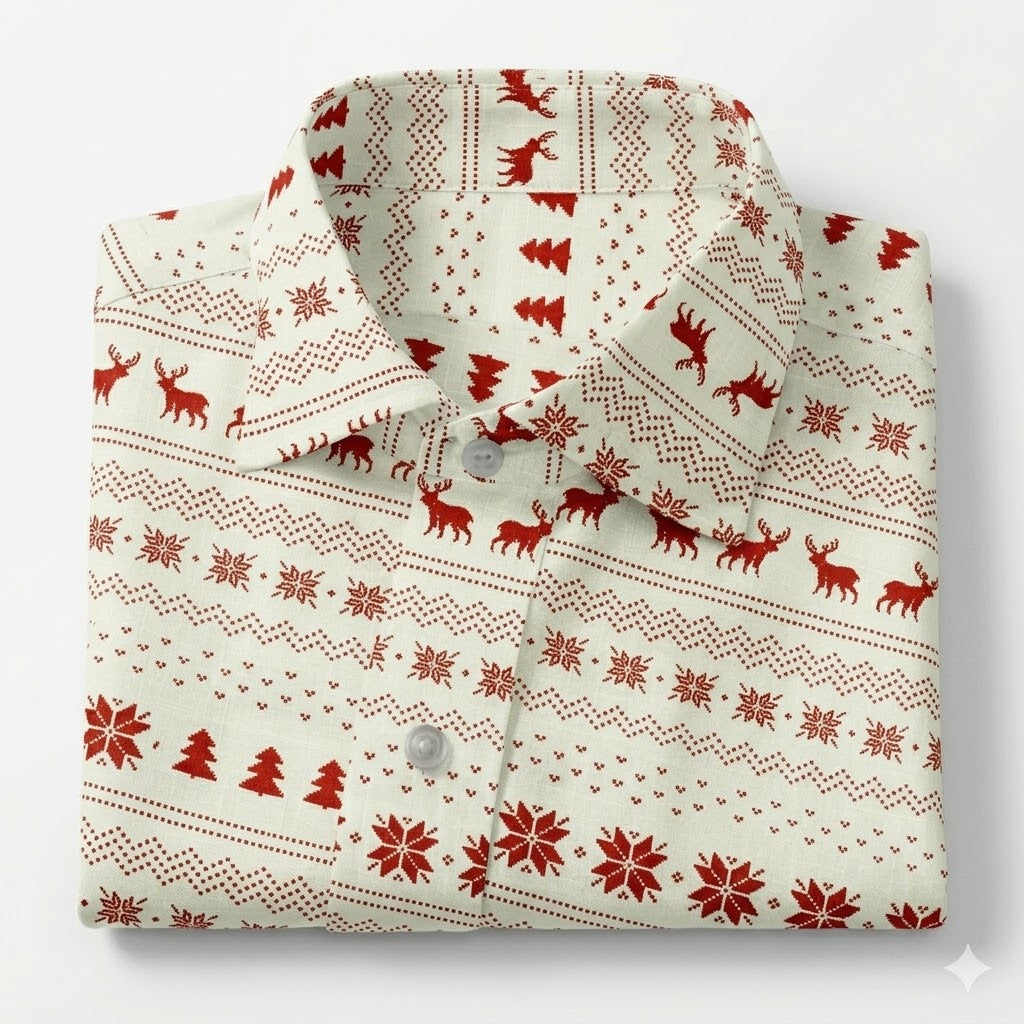 Folded shirt with red deer and snowflake pattern on a white background