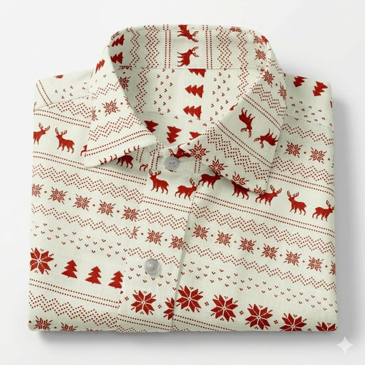 Folded shirt with red deer and snowflake pattern on a white background