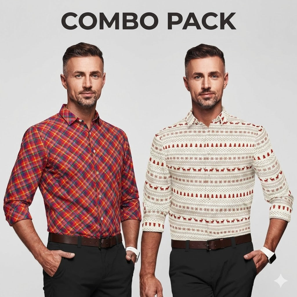 Two men wearing a plaid shirt and patterned sweater with 'COMBO PACK' text above.