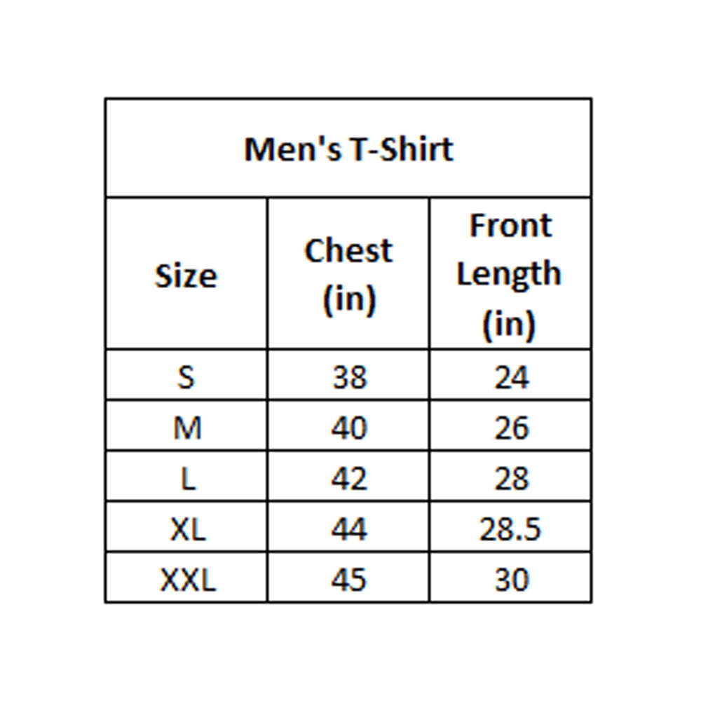 Table showing size chart for men's t-shirts with chest and front length measurements.